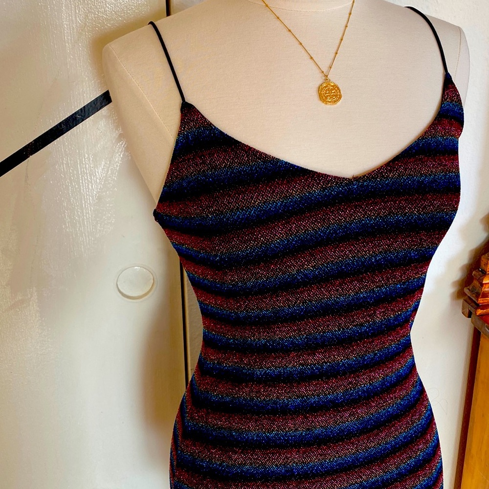 Rainbow striped slip midi dress spaghetti strap